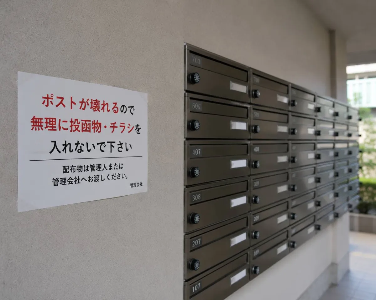 集合住宅の郵便受けに貼られた注意書き